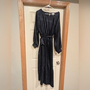 Women's Navy Blue Long Sleeve Belted Maxi Dress